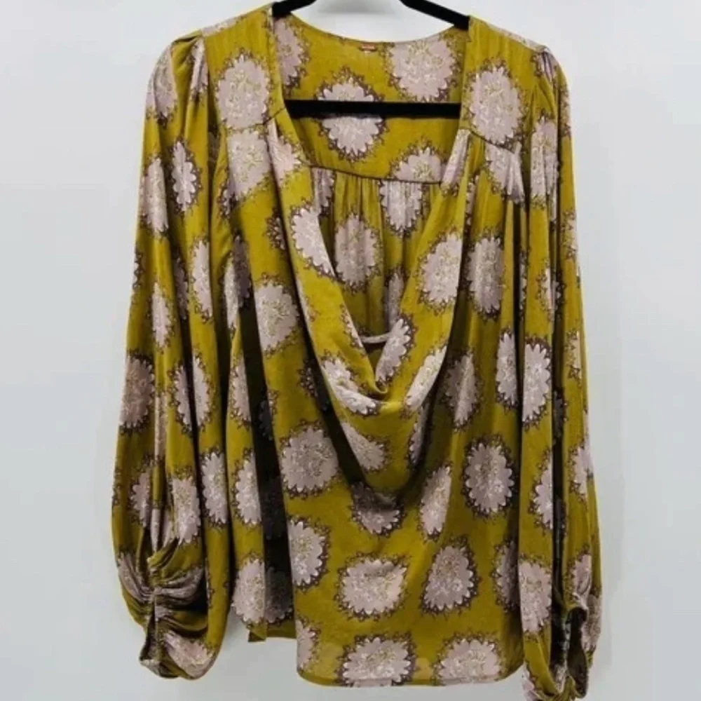 Free People Floral Drape Open Front Long Sleeve Boho Blouse Pleated Loose Fit XS